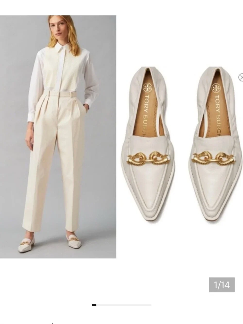 Tory Buch Jessa Pointed Toe Leather Slip On Loafers Gray Gold Chain Hardware